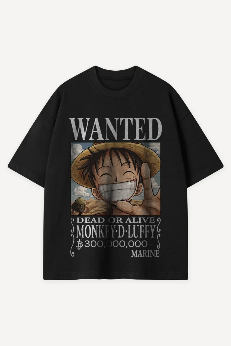 Mugiwara Wanted Poster Baskılı Siyah Oversize Unisex Tshirt