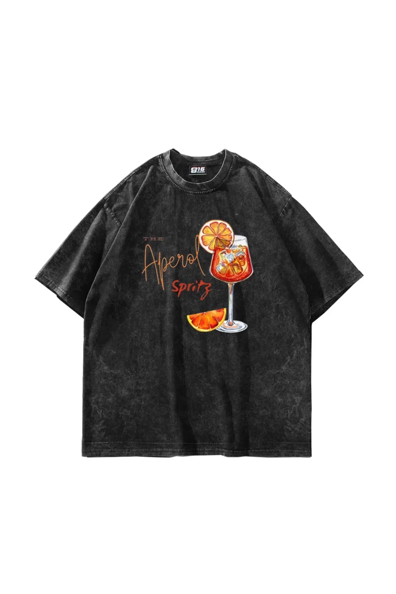 The Aperol Spritz Baskılı Oversize Unisex Yıkamalı Siyah Tshirt