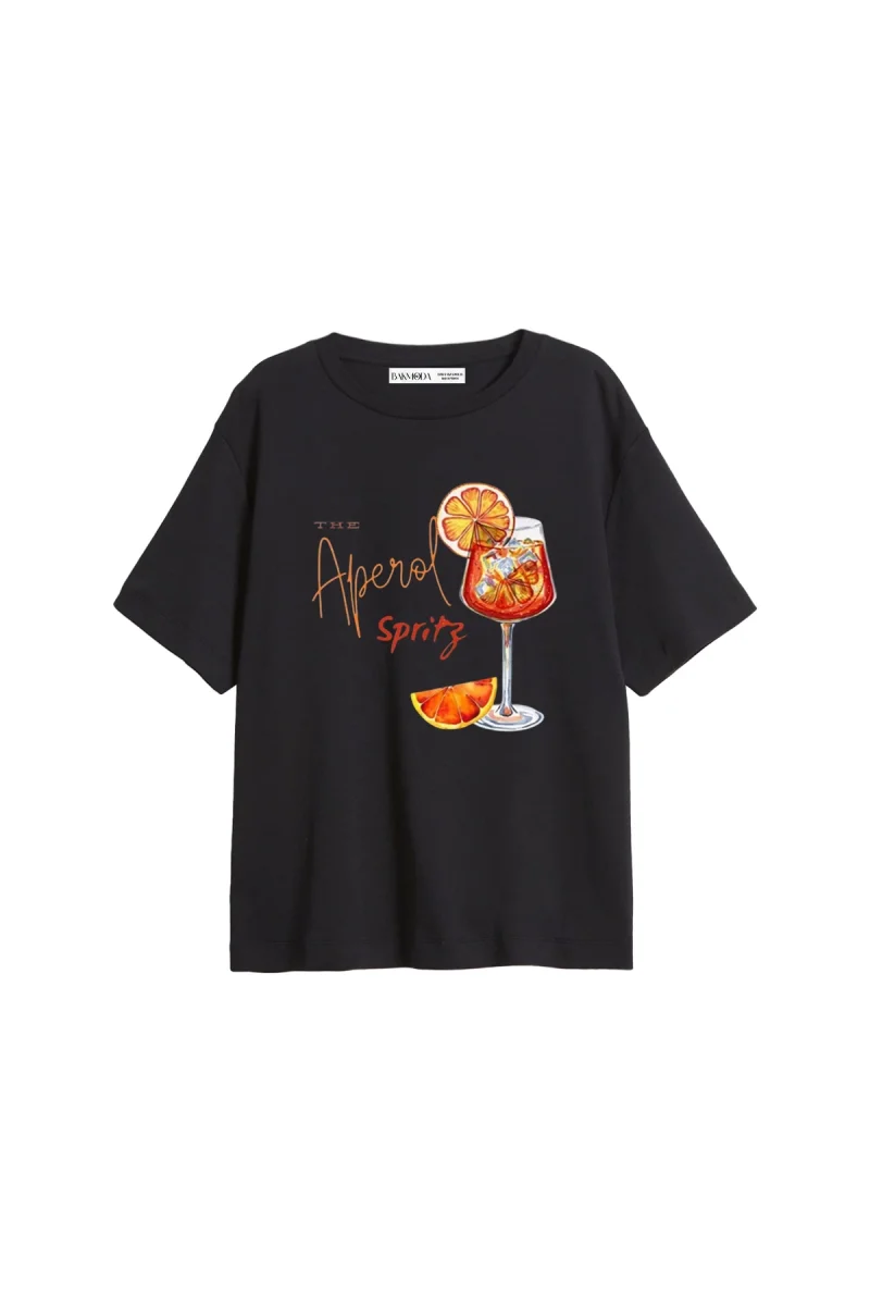 The Aperol Spritz Baskılı Relaxed Fit Siyah Kadın Tshirt