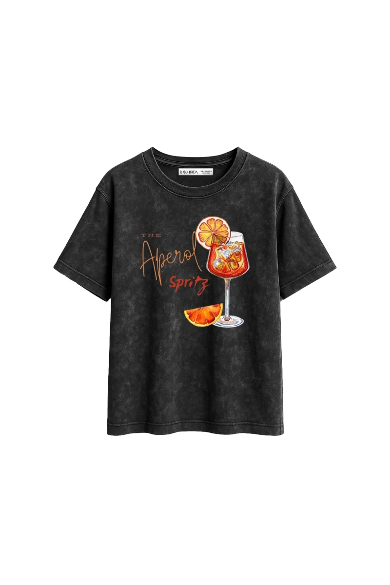 The Aperol Spritz Baskılı Relaxed Fit Yıkamalı Siyah Kadın Tshirt