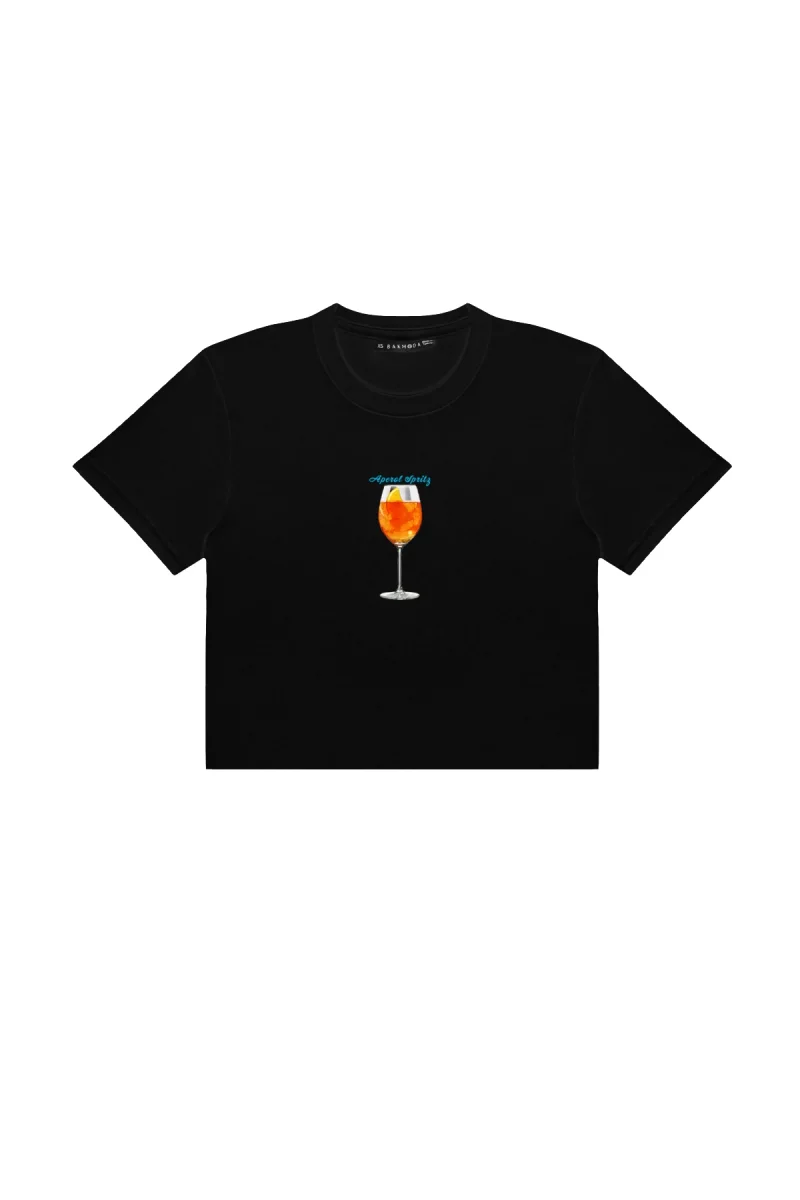 Aperol Spritz Baskılı Siyah Crop Top