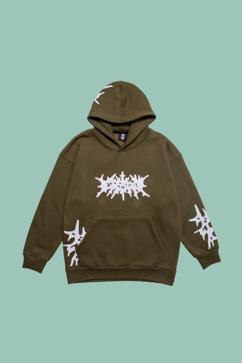 Aplike Patch Detaylı Oversize Unisex Haki Hoodie