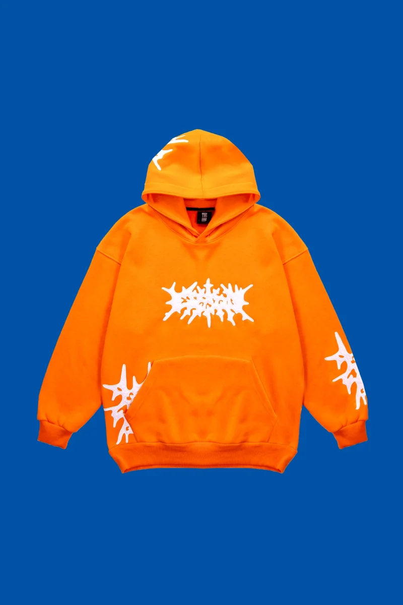 Aplike Patch Detaylı Oversize Unisex Turuncu Hoodie