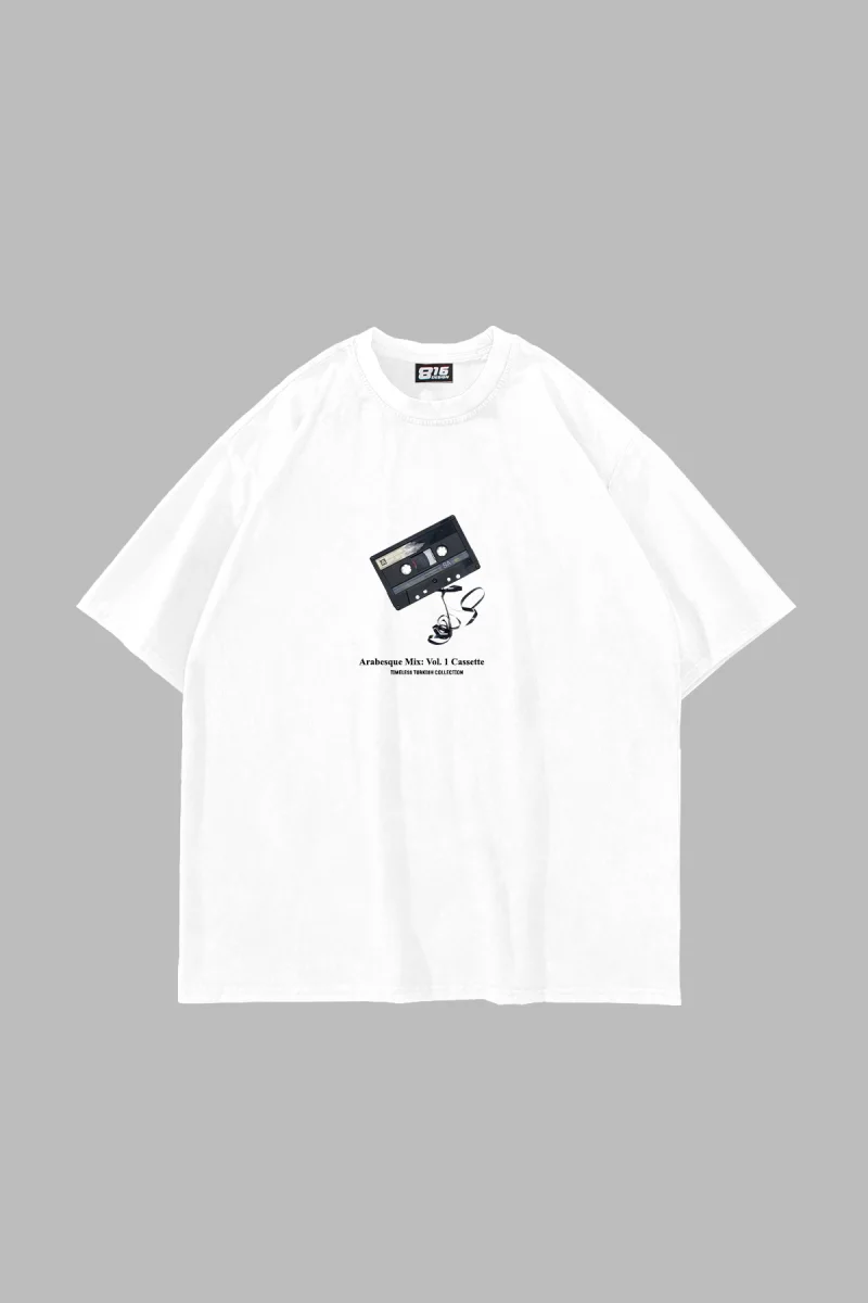 Arabesque Cassette Baskılı Oversize Unisex Beyaz Tshirt