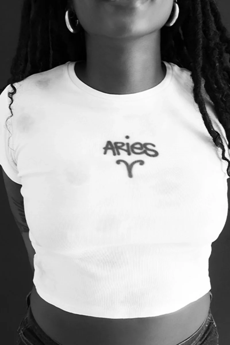 Aries Baskılı Beyaz Crop Top