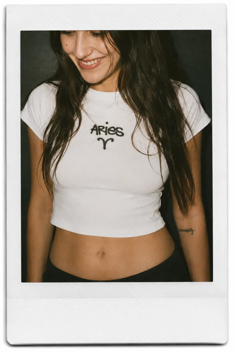 Aries Baskılı Beyaz Crop Top