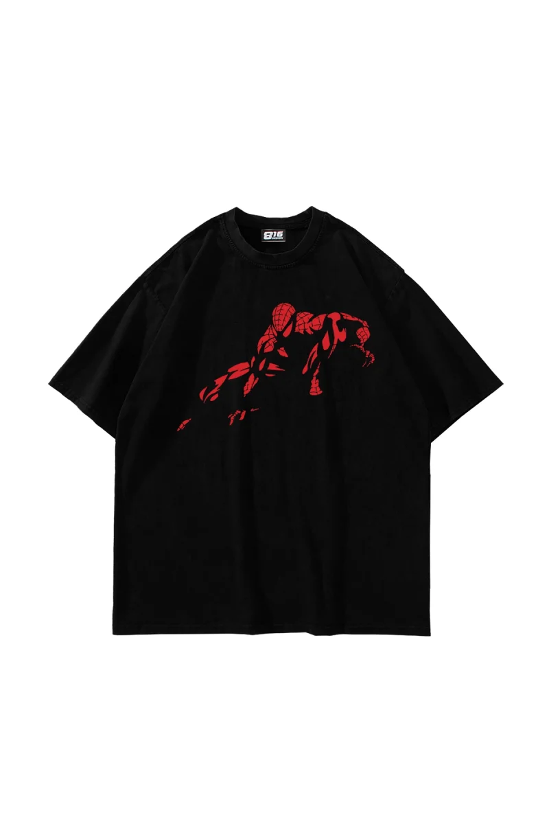 Walker Spider Baskılı Oversize Unisex Siyah Tshirt