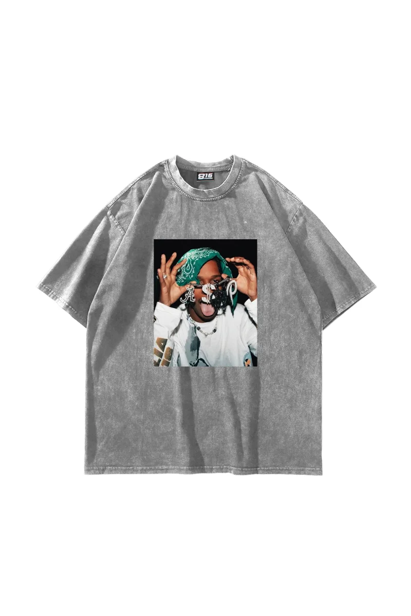 Asap Rocky V2 Baskılı Oversize Unisex Yıkamalı Beyaz Tshirt
