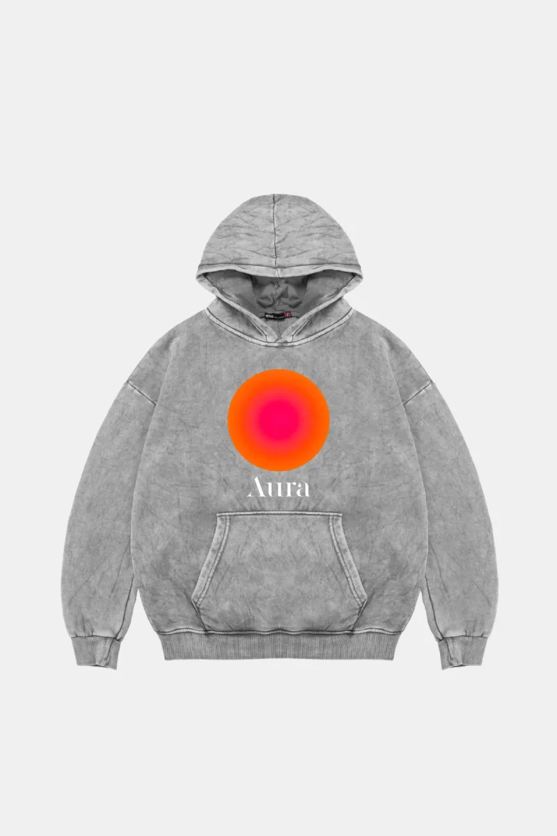 Aura Baskılı Oversize Unisex Yıkamalı Beyaz Hoodie