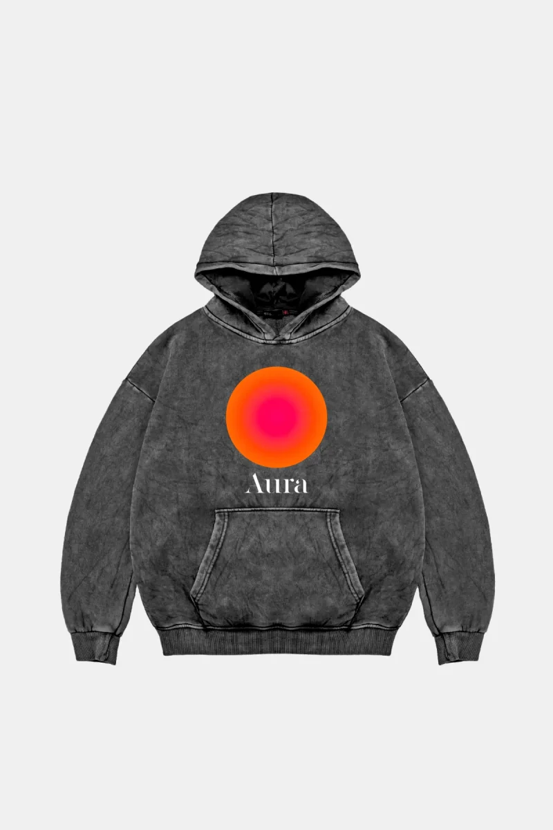 Aura Baskılı Oversize Unisex Yıkamalı Siyah Hoodie