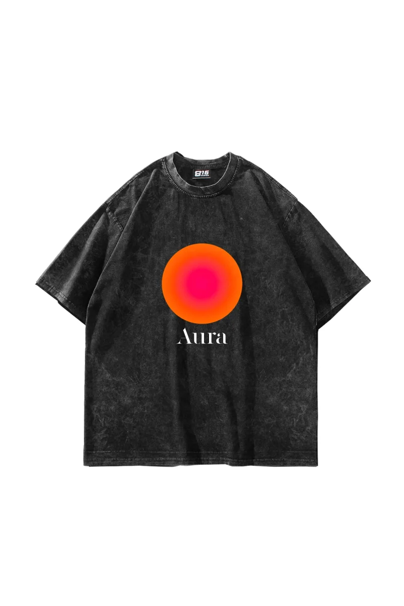 Aura Baskılı Oversize Unisex Yıkamalı Siyah Tshirt