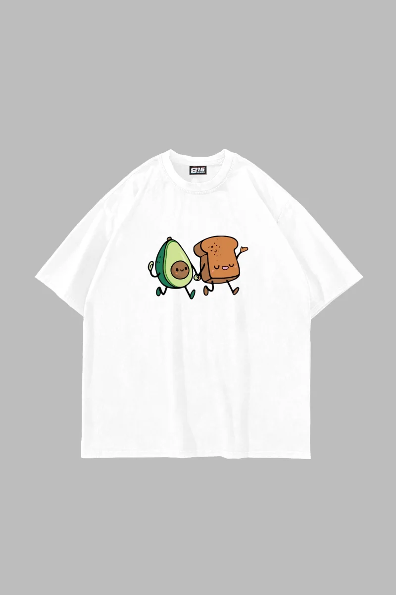 Avocado and Toast Baskılı Oversize Unisex Beyaz Tshirt