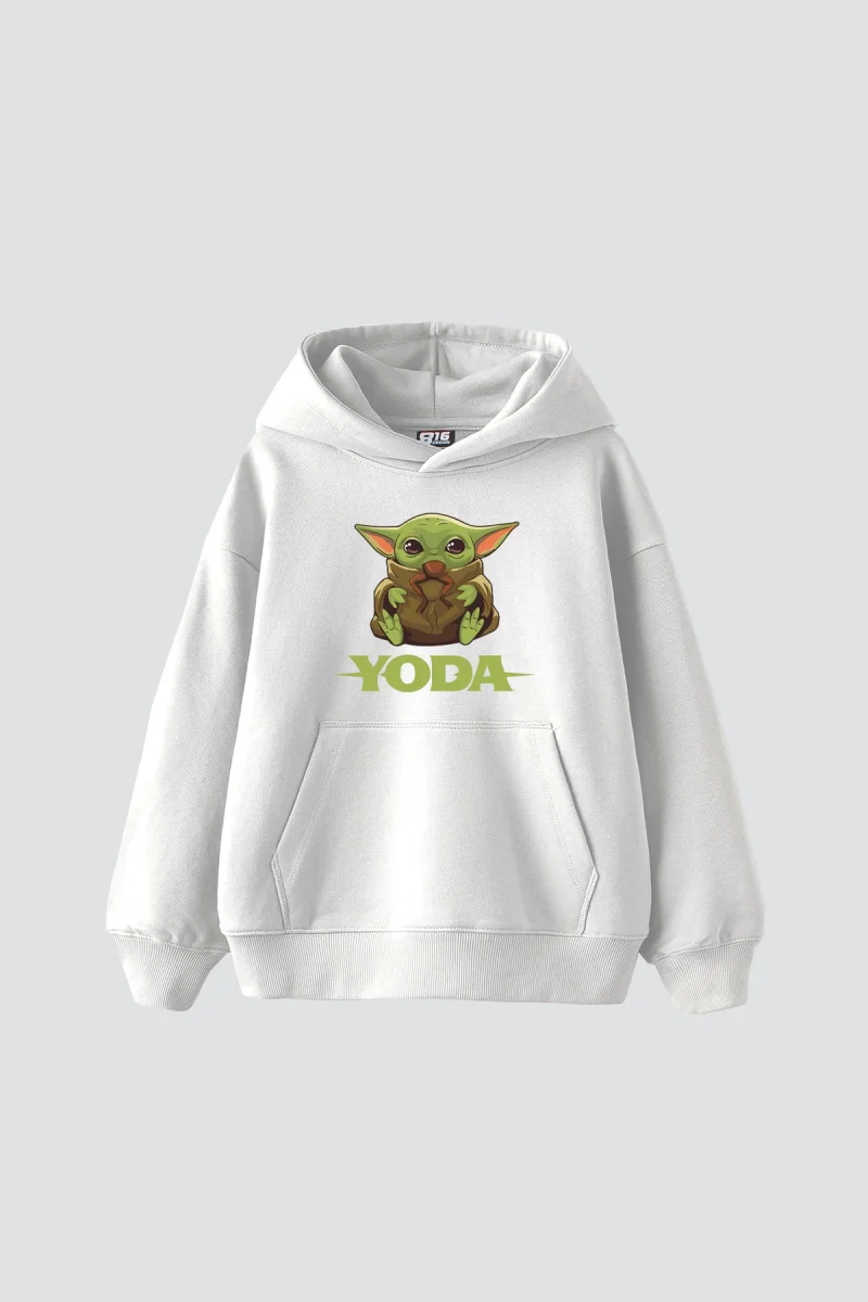 Baby Yoda Baskılı Oversize Unisex Beyaz Hoodie