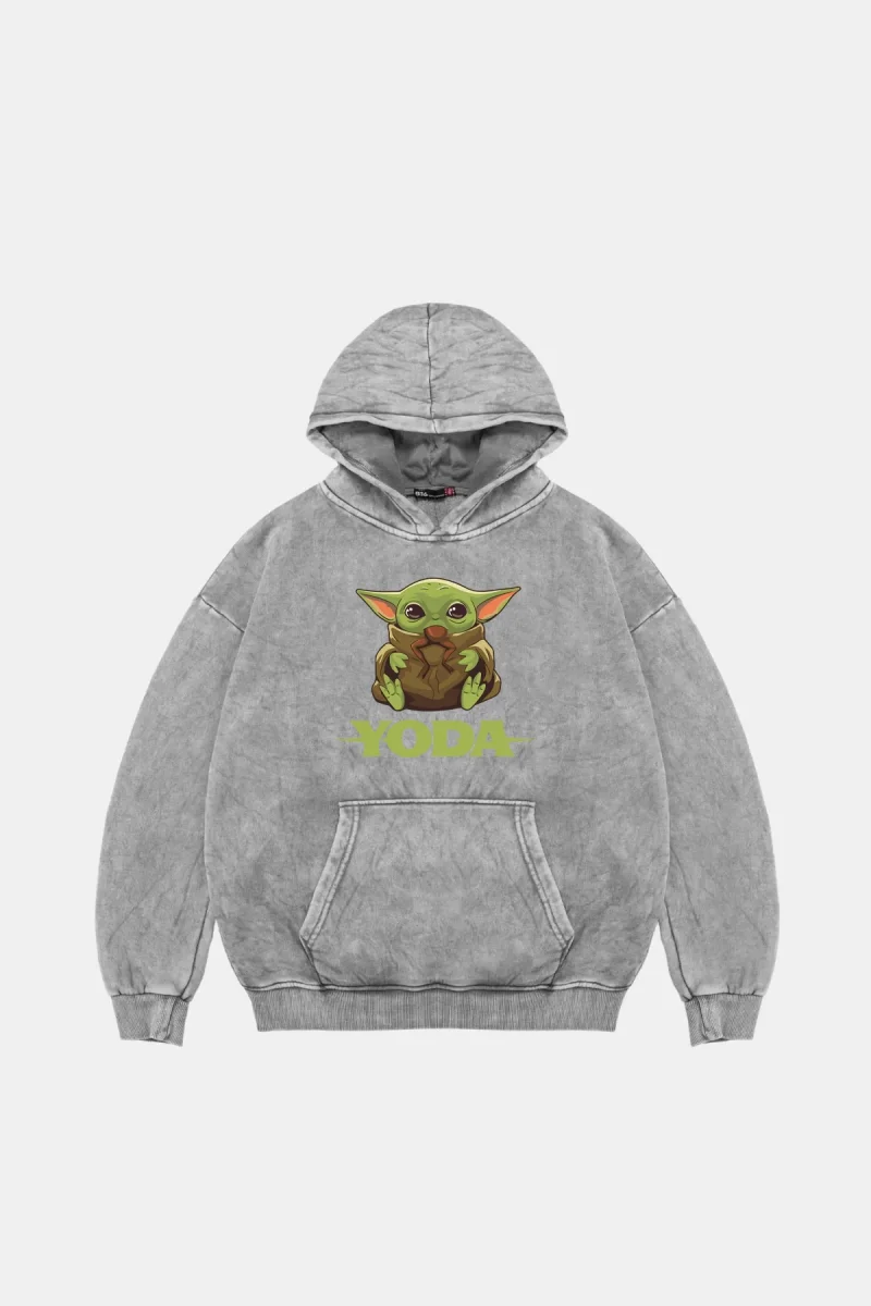 Baby Yoda Baskılı Oversize Unisex Yıkamalı Beyaz Hoodie