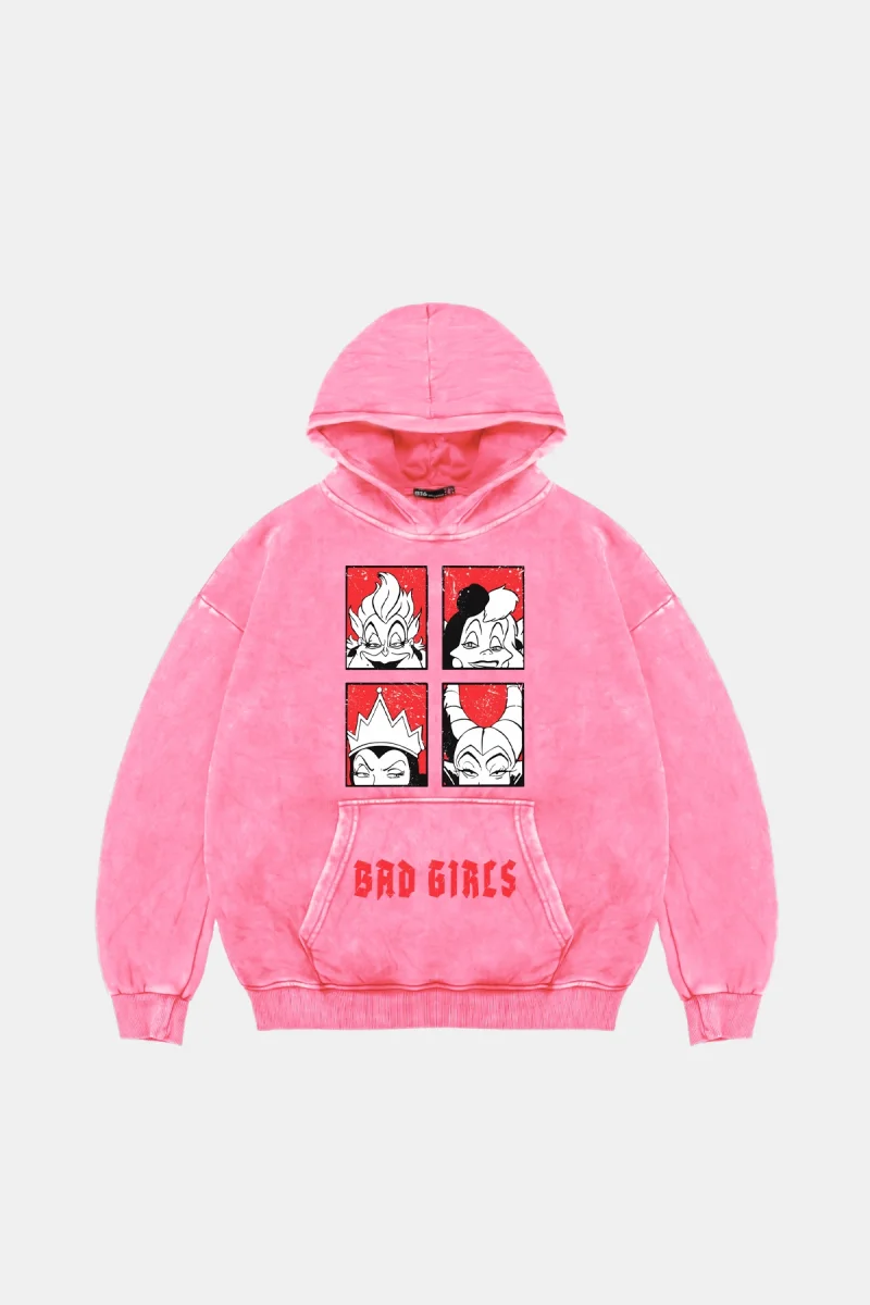 Bad Girls Baskılı Oversize Unisex Yıkamalı Pembe Hoodie