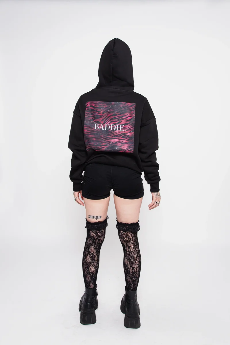 Baddie Baskılı Oversize Unisex Siyah Hoodie