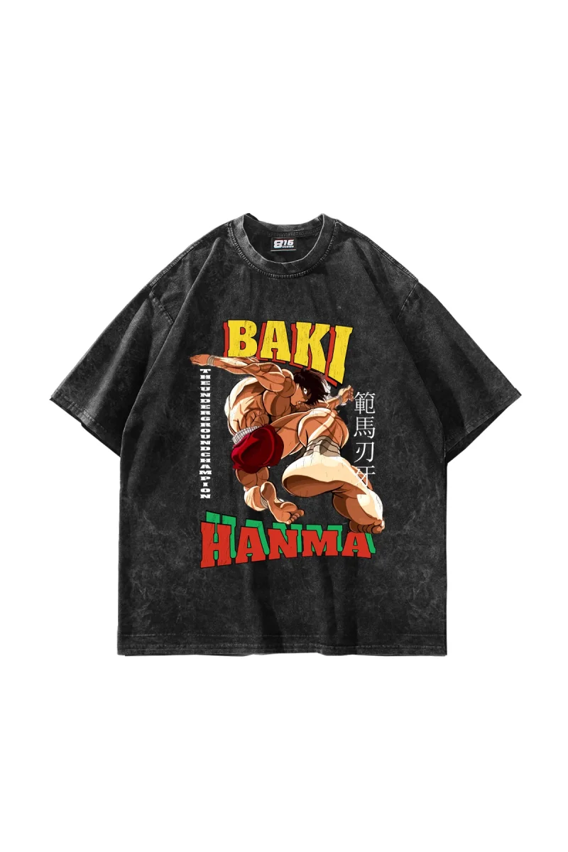 Baki Hanma Baskılı Oversize Unisex Yıkamalı Siyah Tshirt