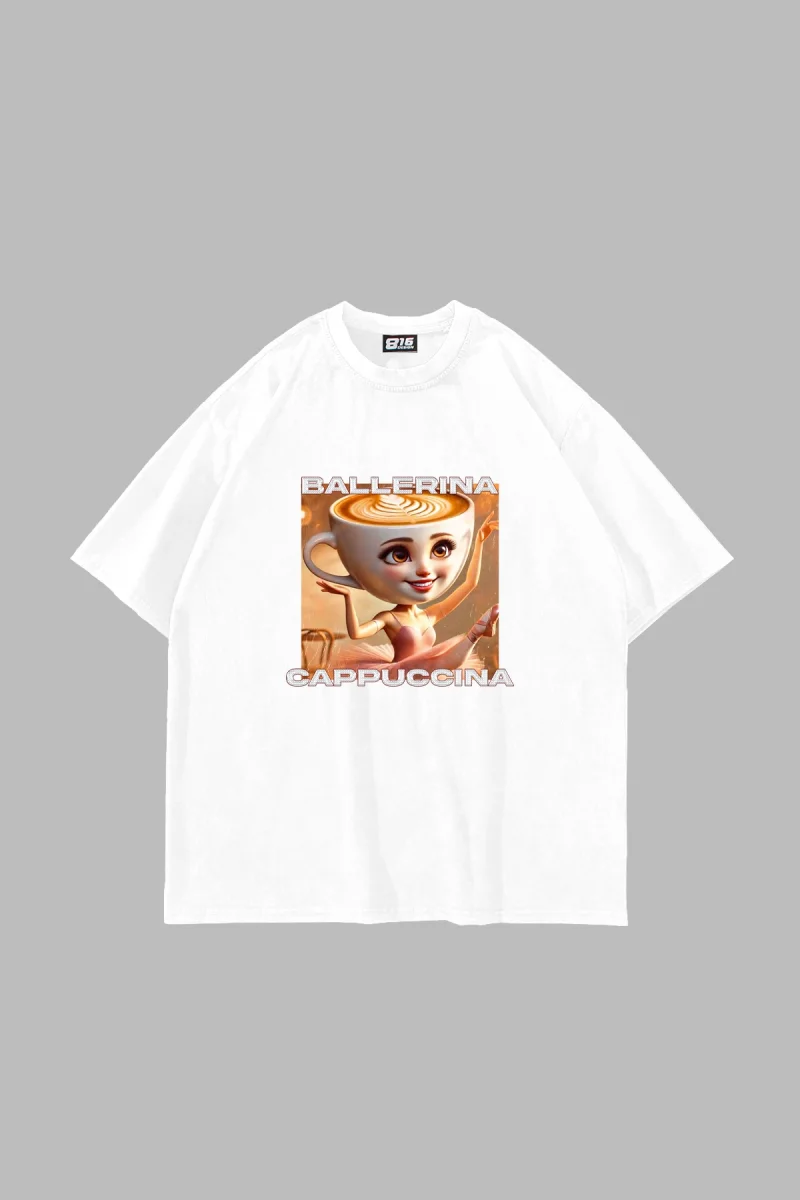 Ballerina Cappuccina Baskılı Oversize Unisex Beyaz Tshirt