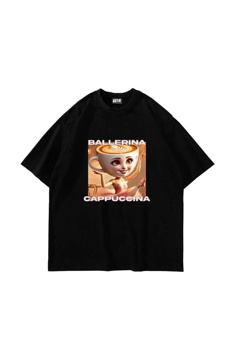 Ballerina Cappuccina Baskılı Oversize Unisex Siyah Tshirt