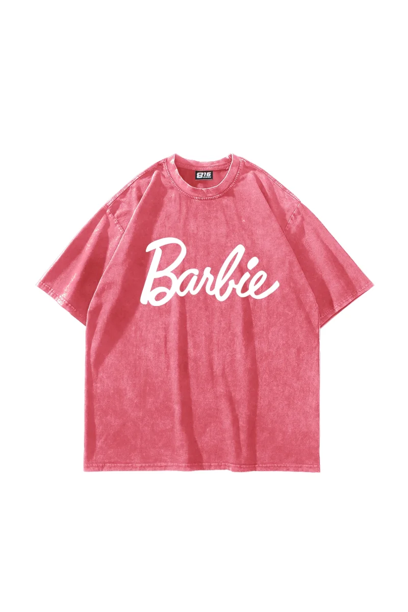 Barbie Baskılı Oversize Unisex Yıkamalı Pembe Tshirt