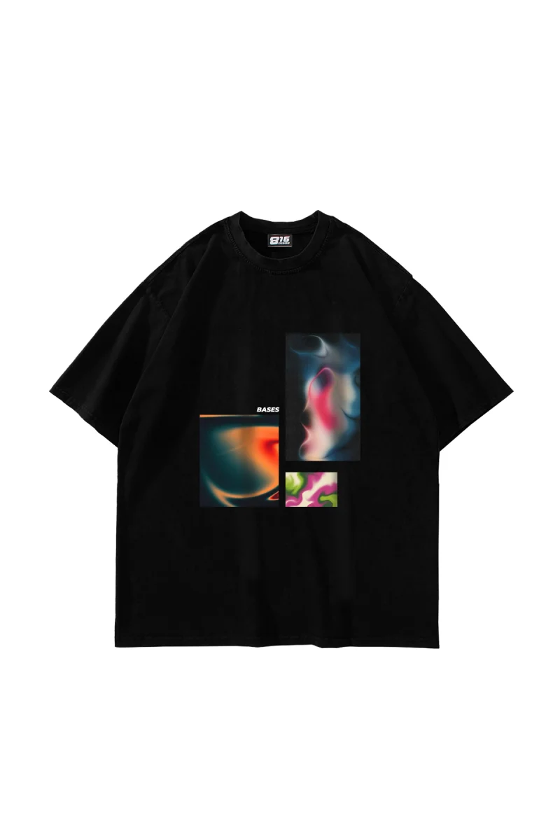 Bases Baskılı Oversize Unisex Siyah Tshirt