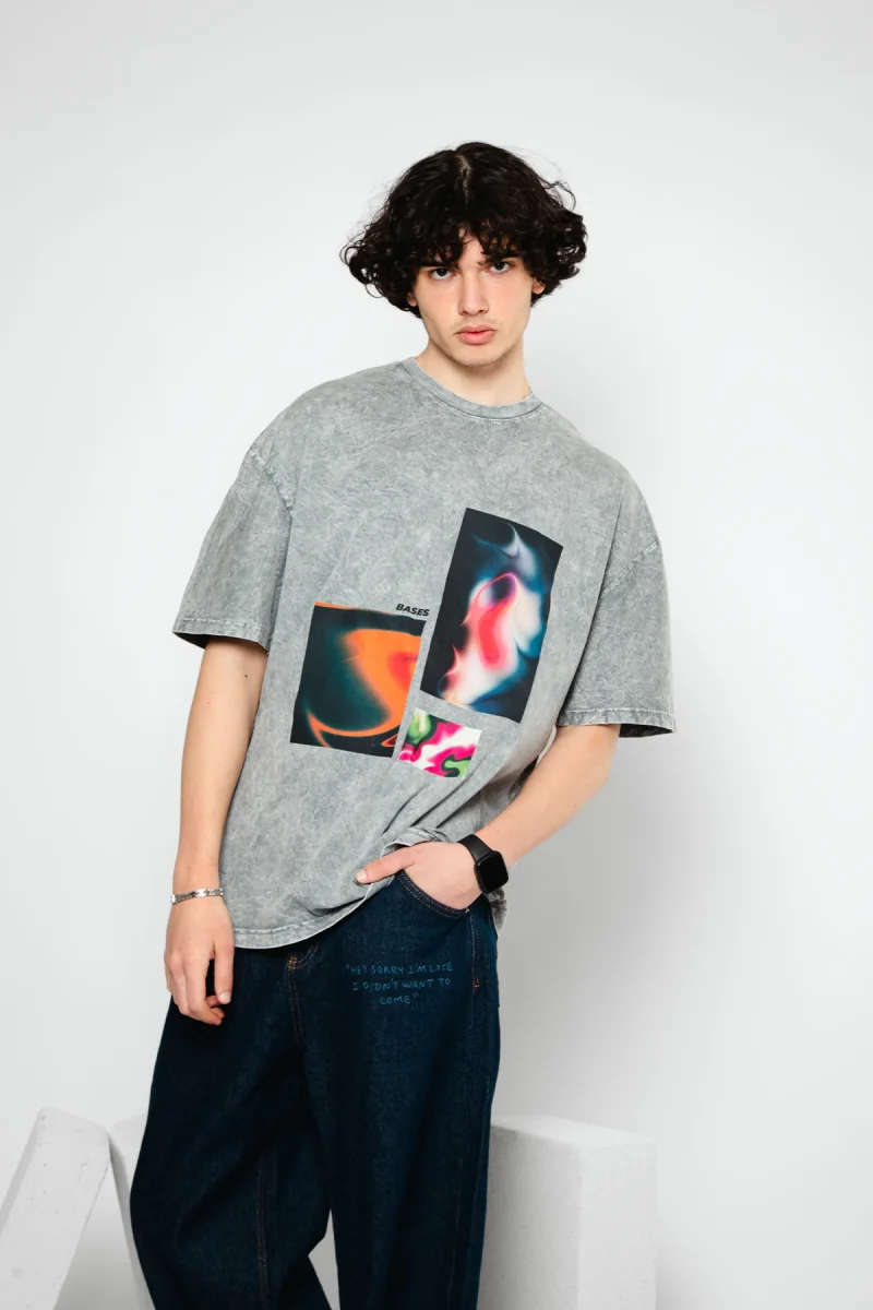 Bases Baskılı Oversize Unisex Yıkamalı Beyaz Tshirt