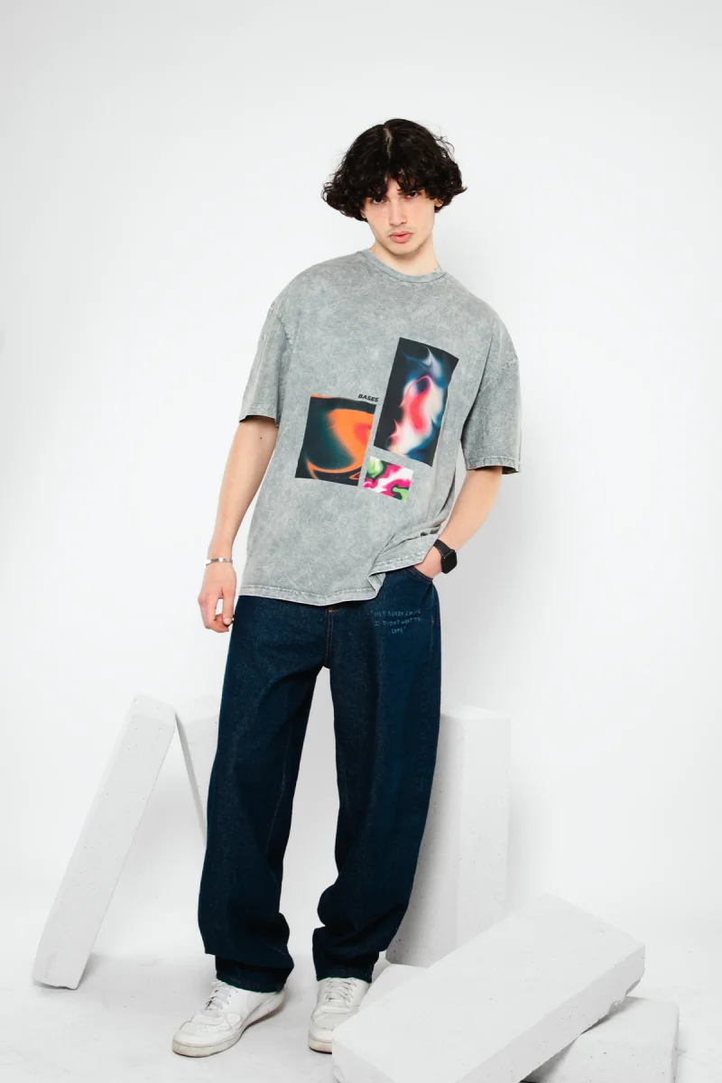 Bases Baskılı Oversize Unisex Yıkamalı Beyaz Tshirt