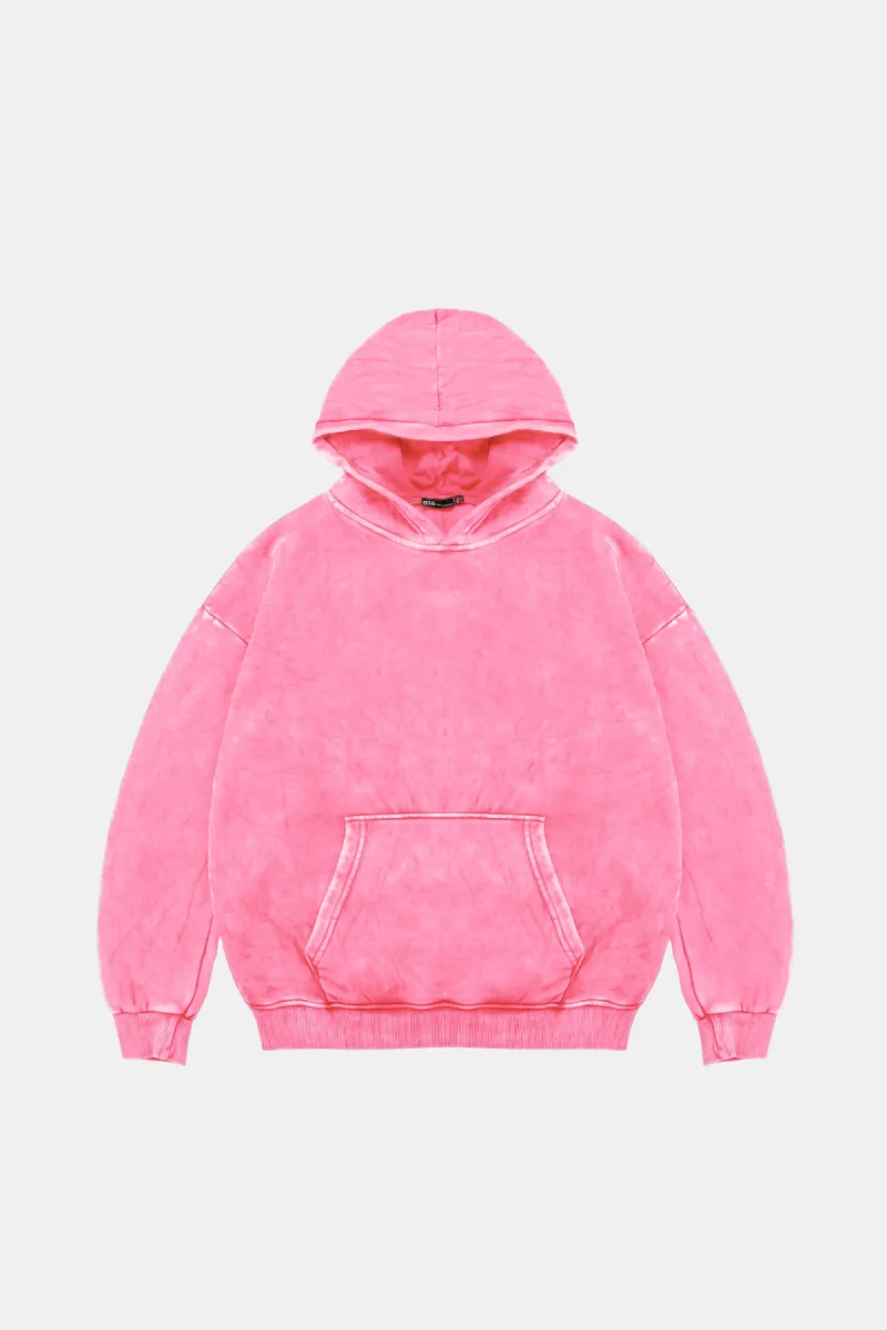 Basic Oversize Unisex Yıkamalı Pembe Hoodie