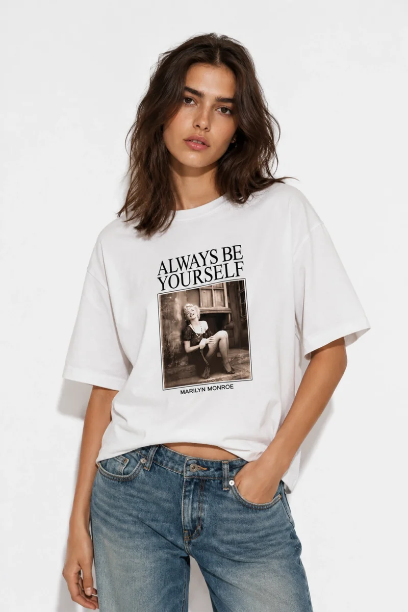 Be Yourself Baskılı Relaxed Fit Beyaz Kadın Tshirt