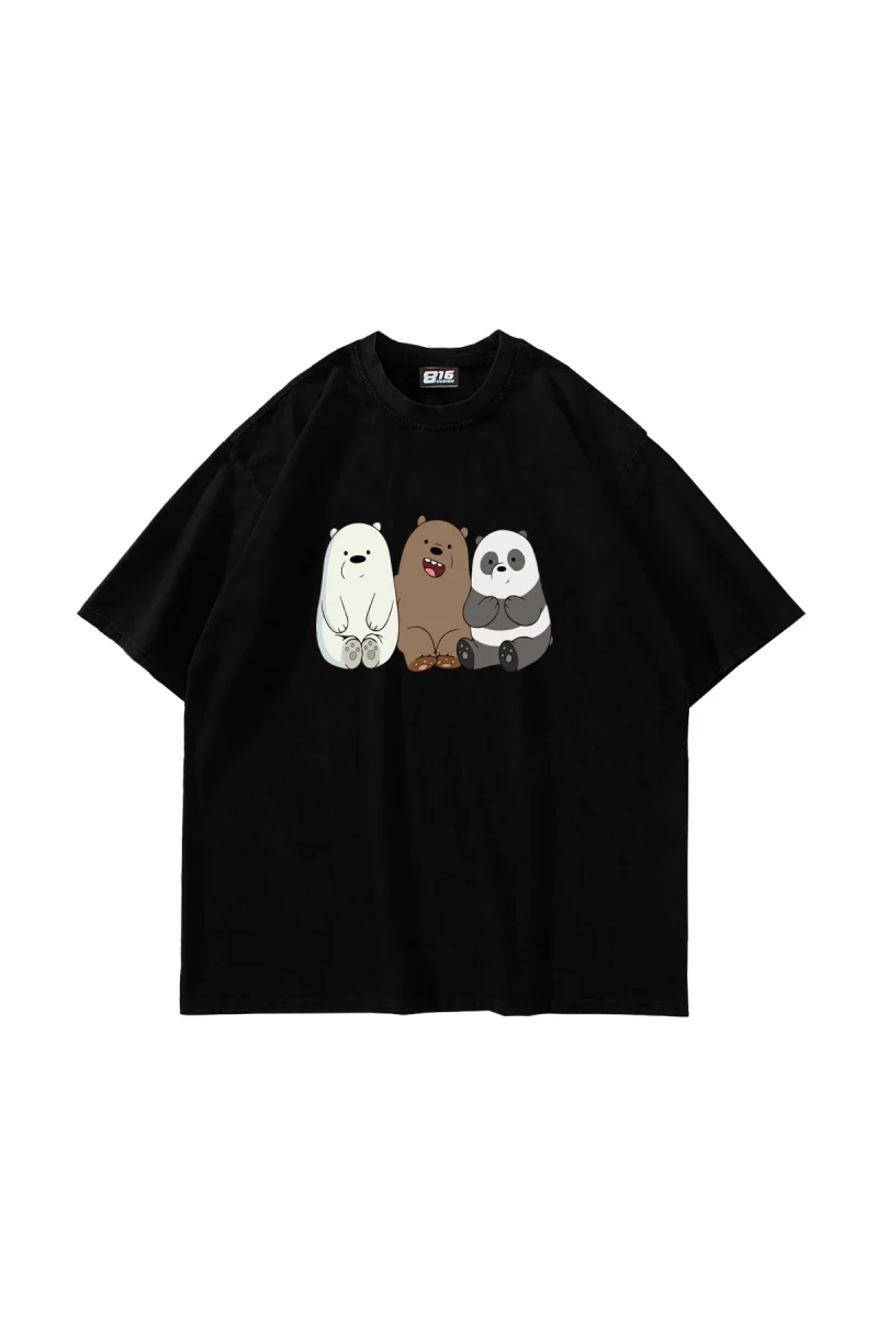Bears Baskılı Oversize Unisex Siyah Tshirt