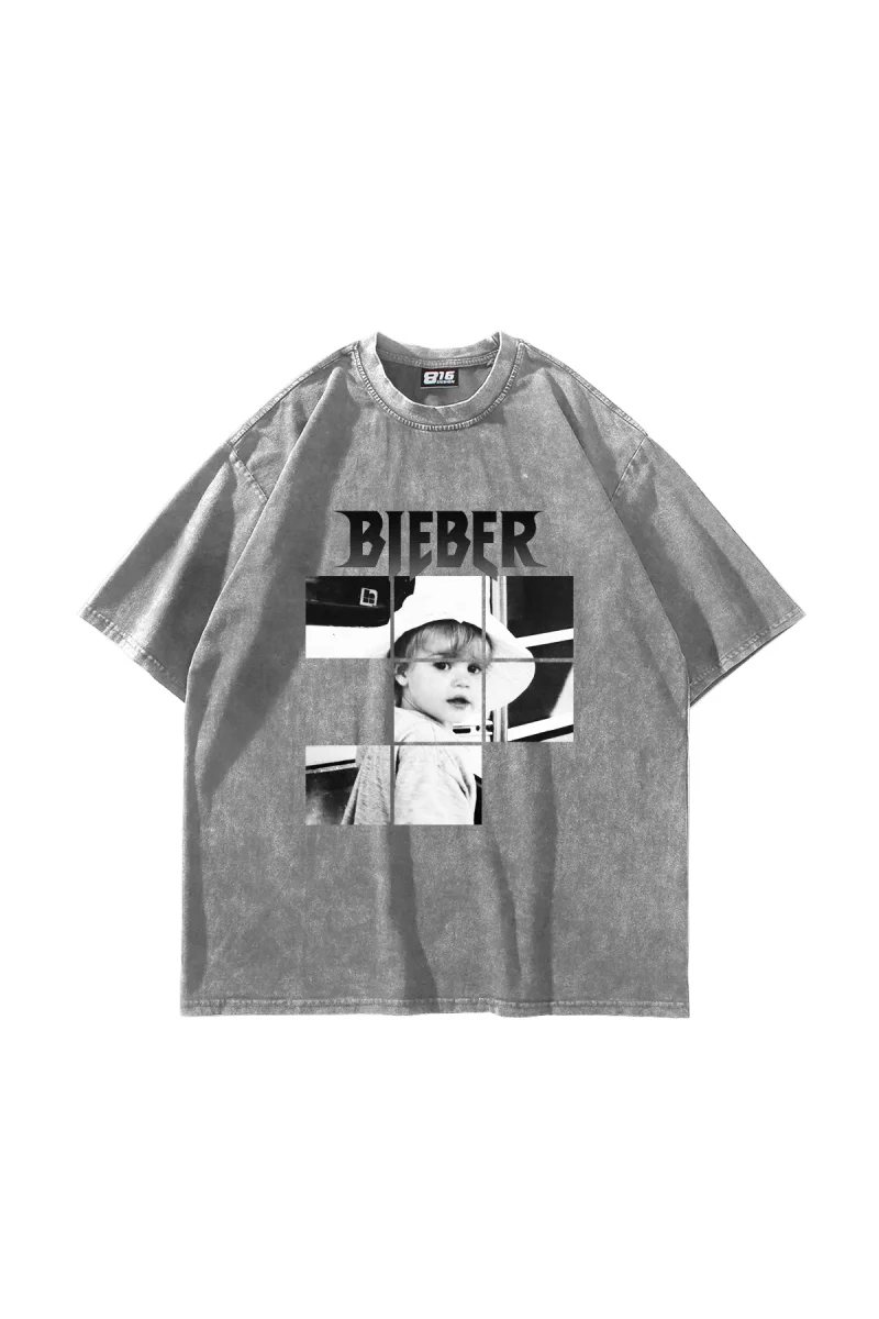 Belieber Baskılı Oversize Unisex Yıkamalı Beyaz Tshirt