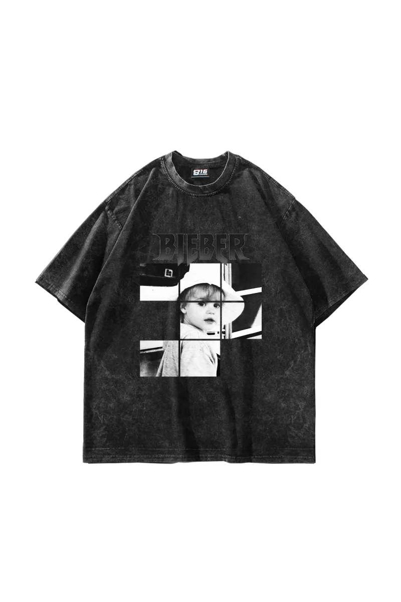 Belieber Baskılı Oversize Unisex Yıkamalı Siyah Tshirt