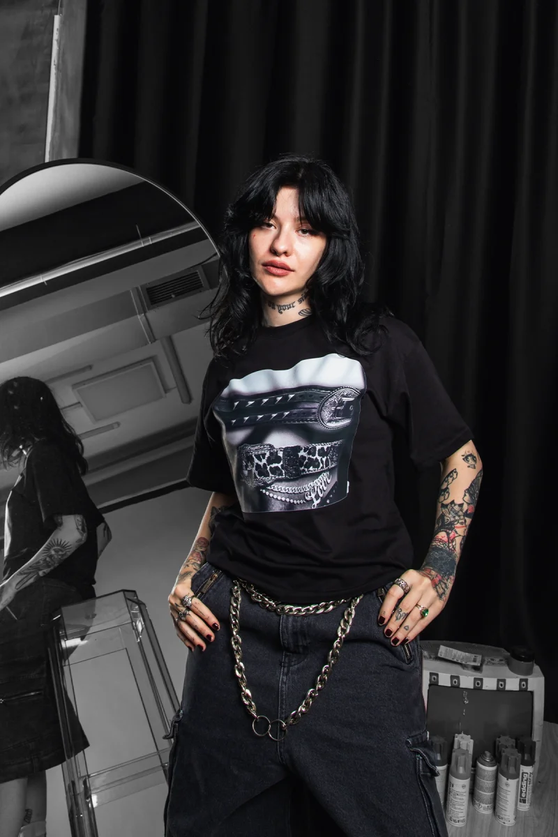 Belted Baskılı Relaxed Fit Siyah Kadın Tshirt