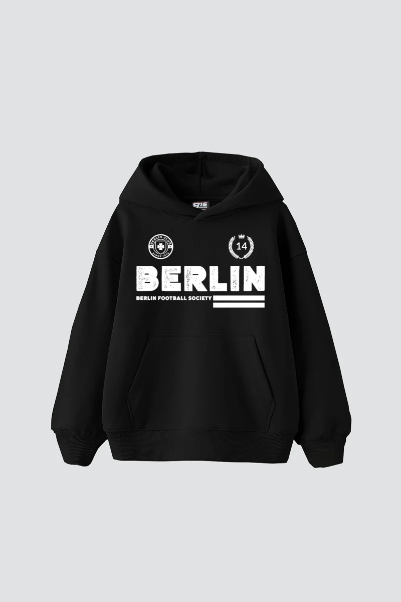 Berlin Baskılı Oversize Unisex Premium Siyah Hoodie