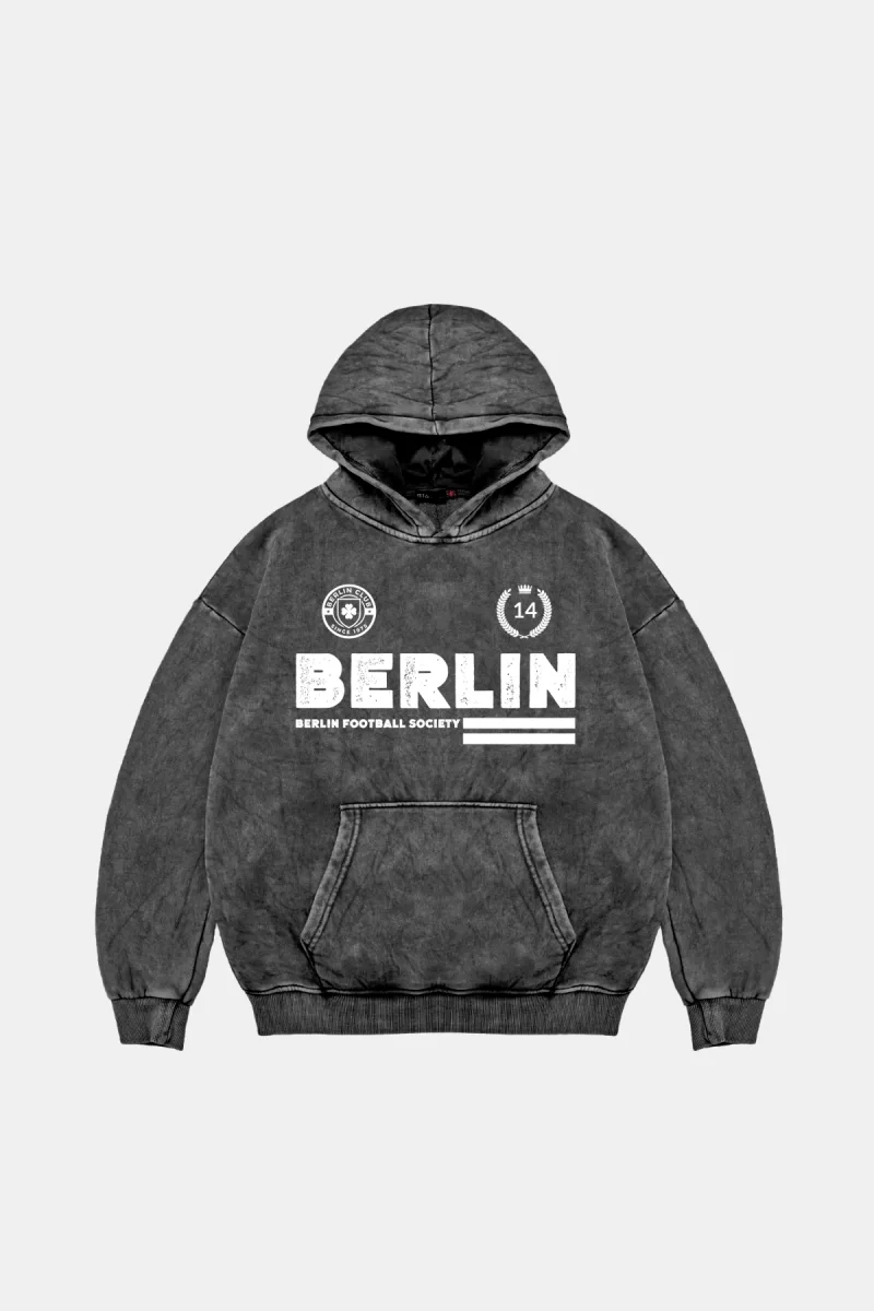 Berlin Baskılı Oversize Unisex Premium Yıkamalı Siyah Hoodie