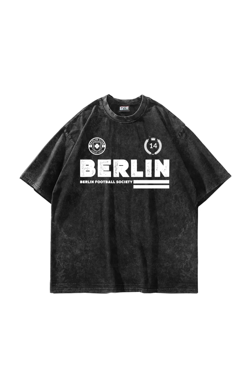 Berlin Baskılı Yıkamalı Siyah Oversize Unisex Tshirt