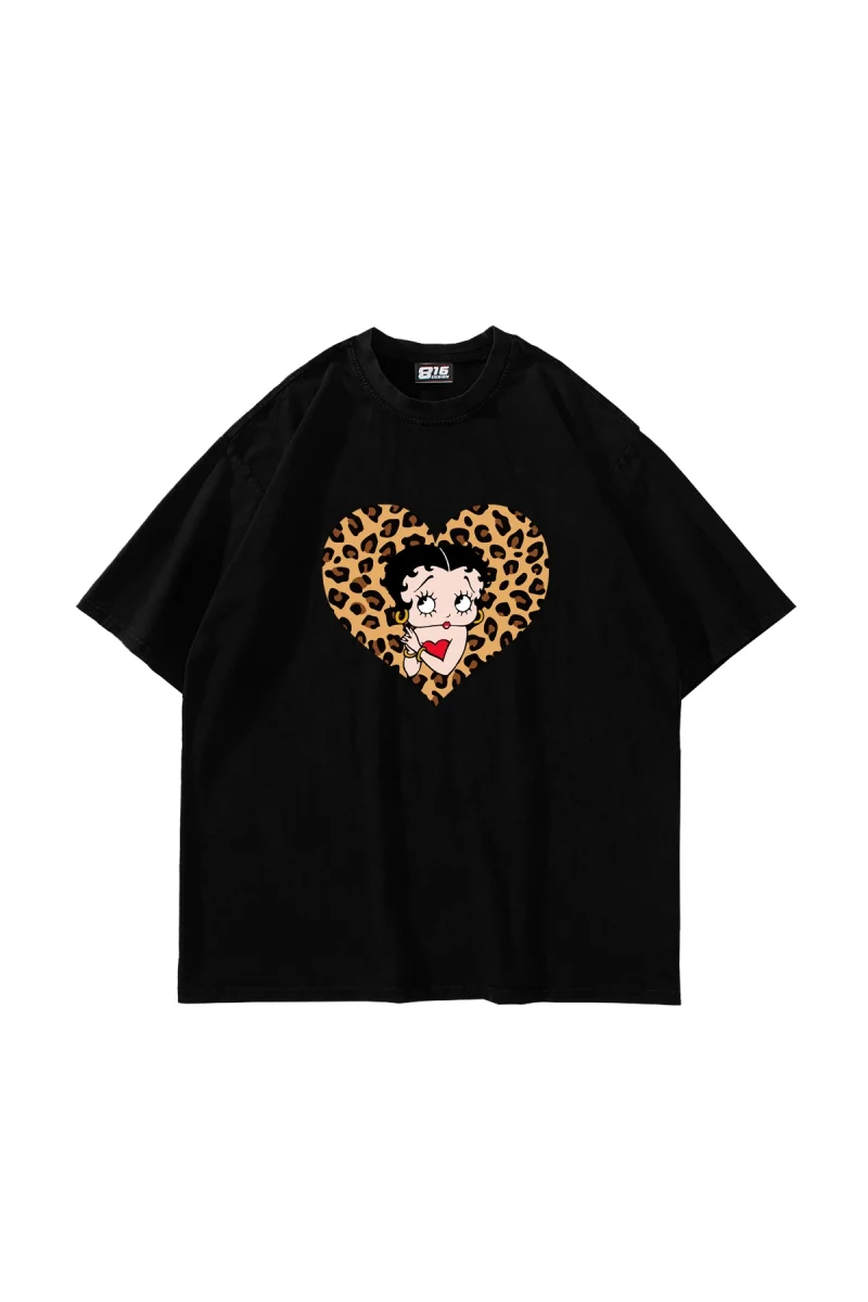 Betty Boop Leopar Baskılı Oversize Unisex Premium Siyah Tshirt
