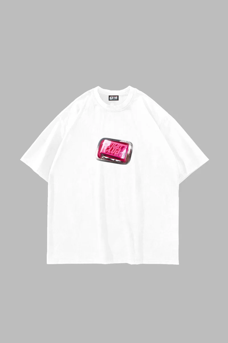 Beyaz Fight Club Oversize Baskılı Unisex Tişört
