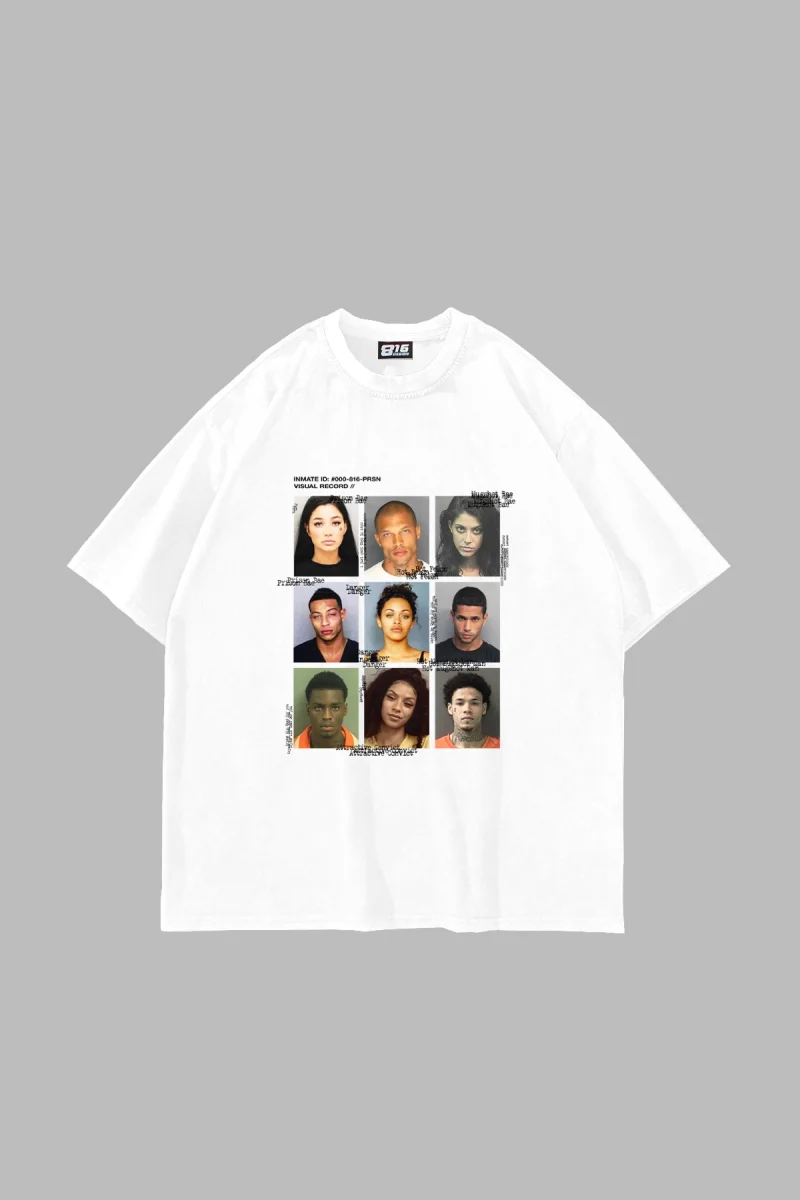 Beyaz Mugshot Baskılı Oversize Unisex Tişört