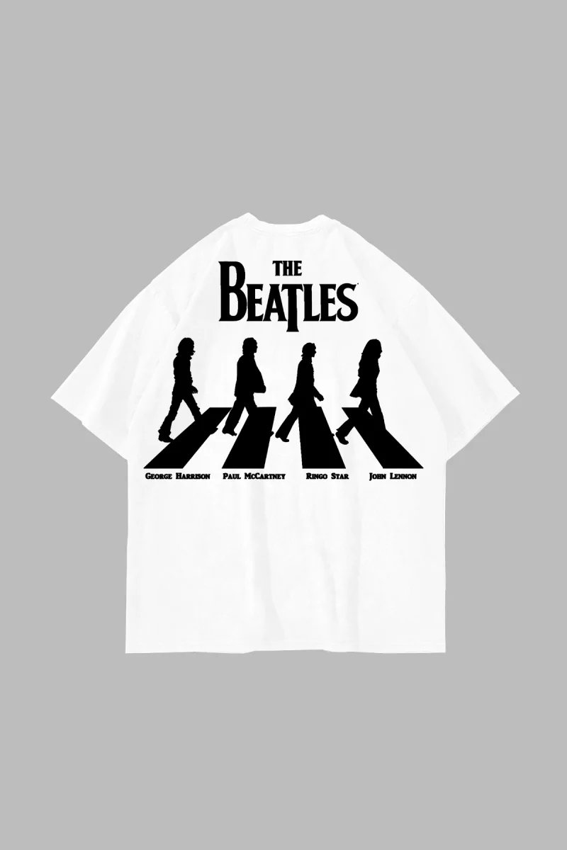 Beyaz The Beatles Baskılı Oversize Unisex Pamuk Tişört