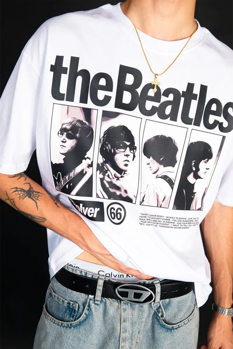 Beyaz The Beatles Baskılı Oversize Unisex Pamuk Tişört