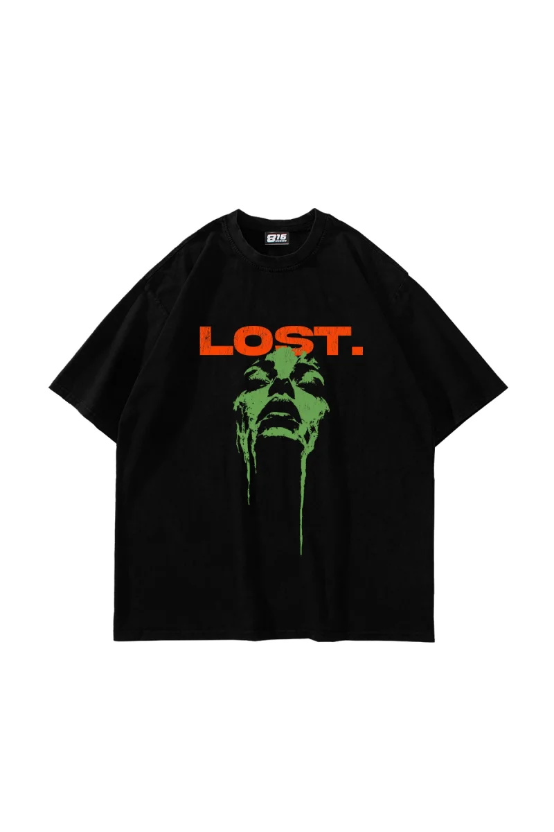 Lost Baskılı Oversize Unisex Siyah Tshirt