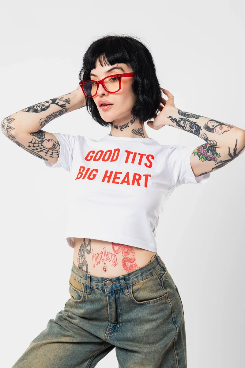 Big Heart Baskılı Beyaz Crop Top