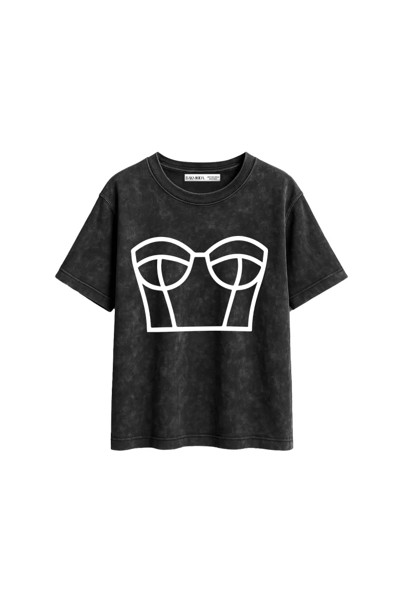 Bikini Lines Baskılı Relaxed Fit Yıkamalı Siyah Kadın Tshirt