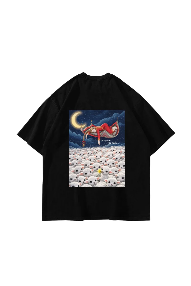 Bir Kuzu İki Kuzu Baskılı Oversize Unisex Siyah Tshirt