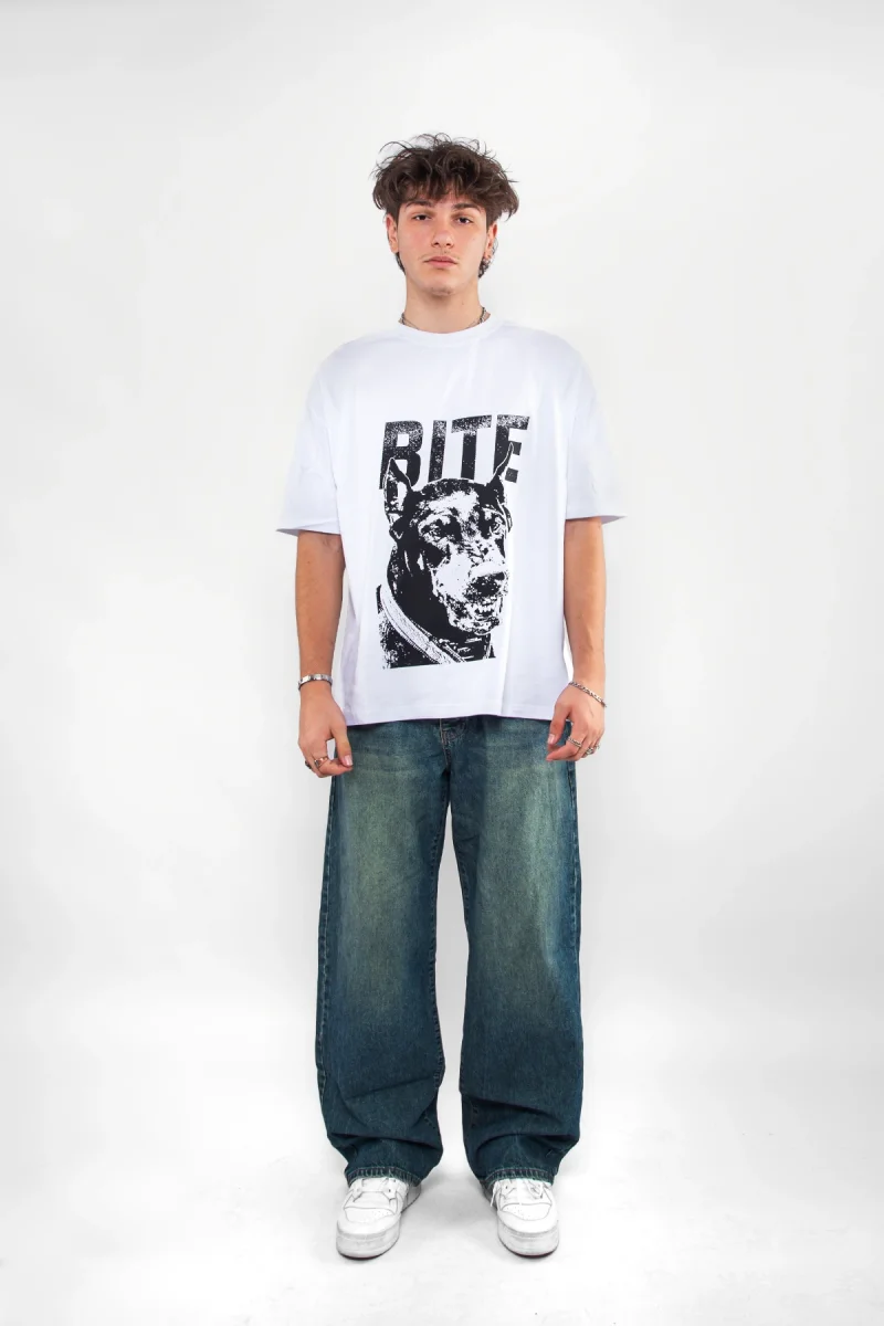 Bıte Doberman Baskılı Oversize Unisex Beyaz Tshirt