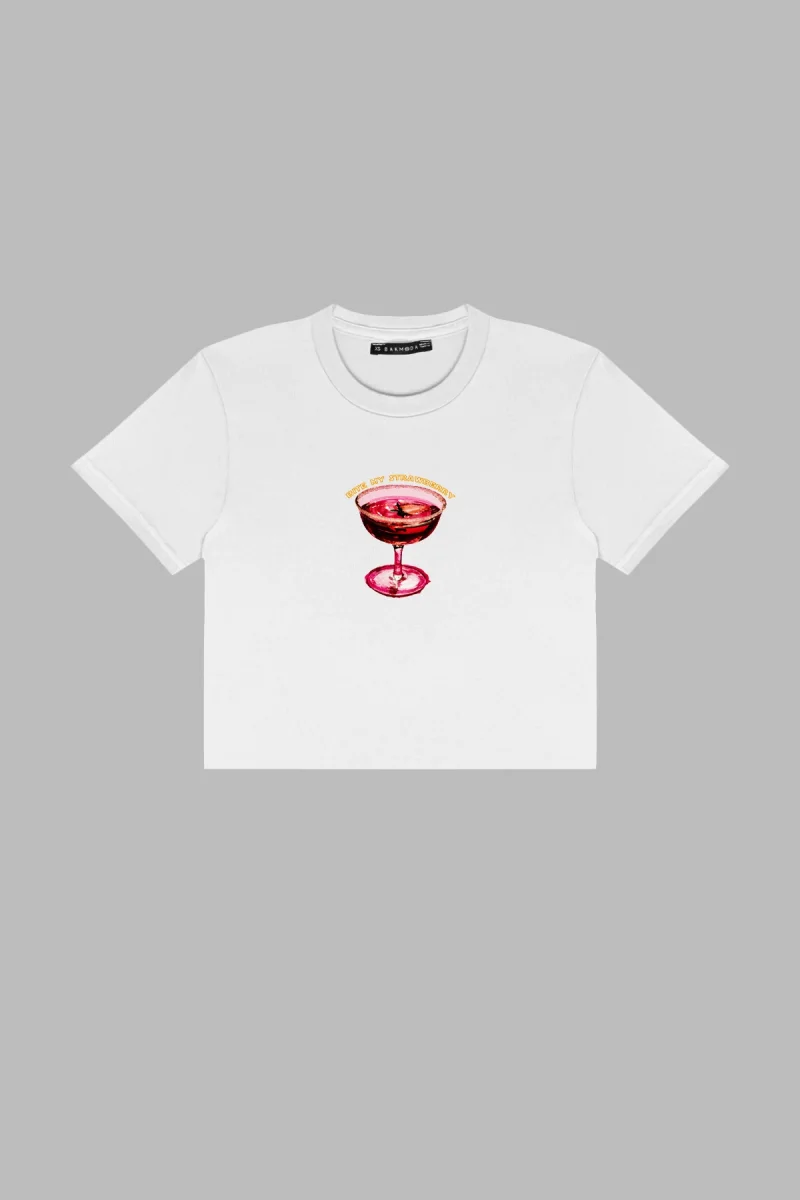 Bite My Strawberry Baskılı Beyaz Crop Top