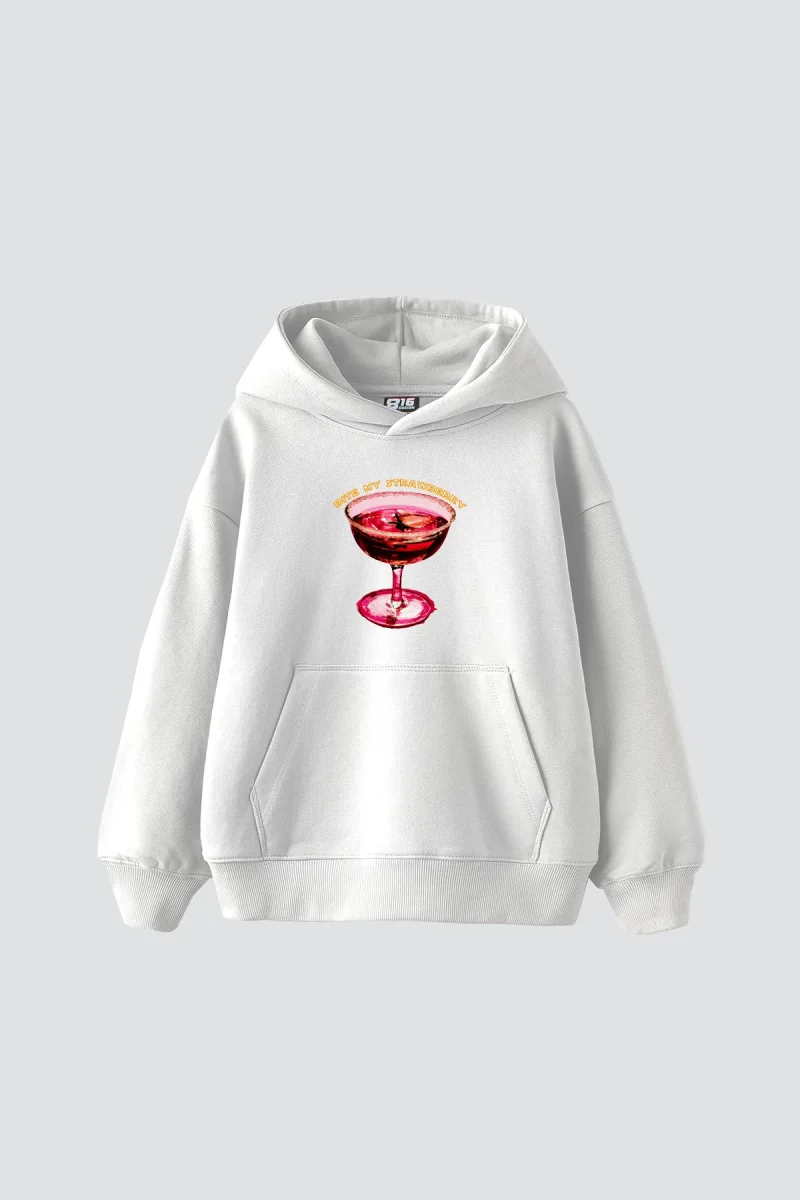 Bite My Strawberry Baskılı Oversize Unisex Premium Beyaz Hoodie