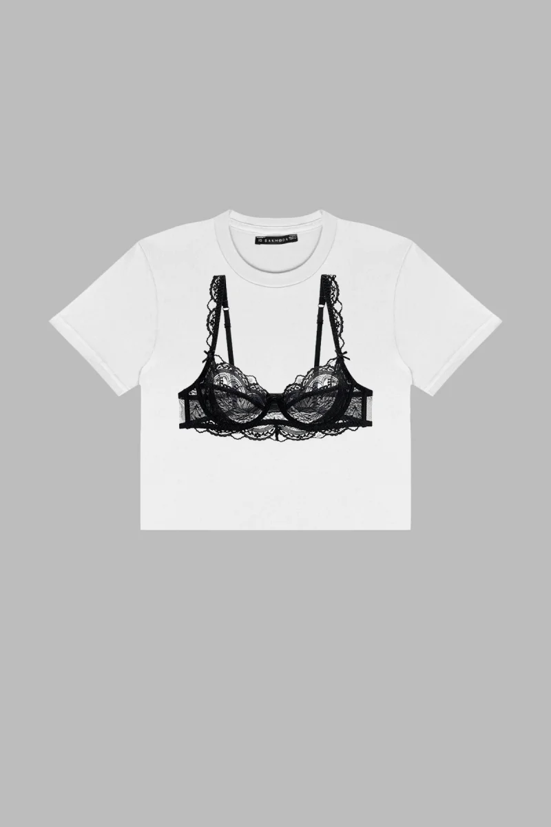 Black Bra Baskılı Beyaz Crop Top