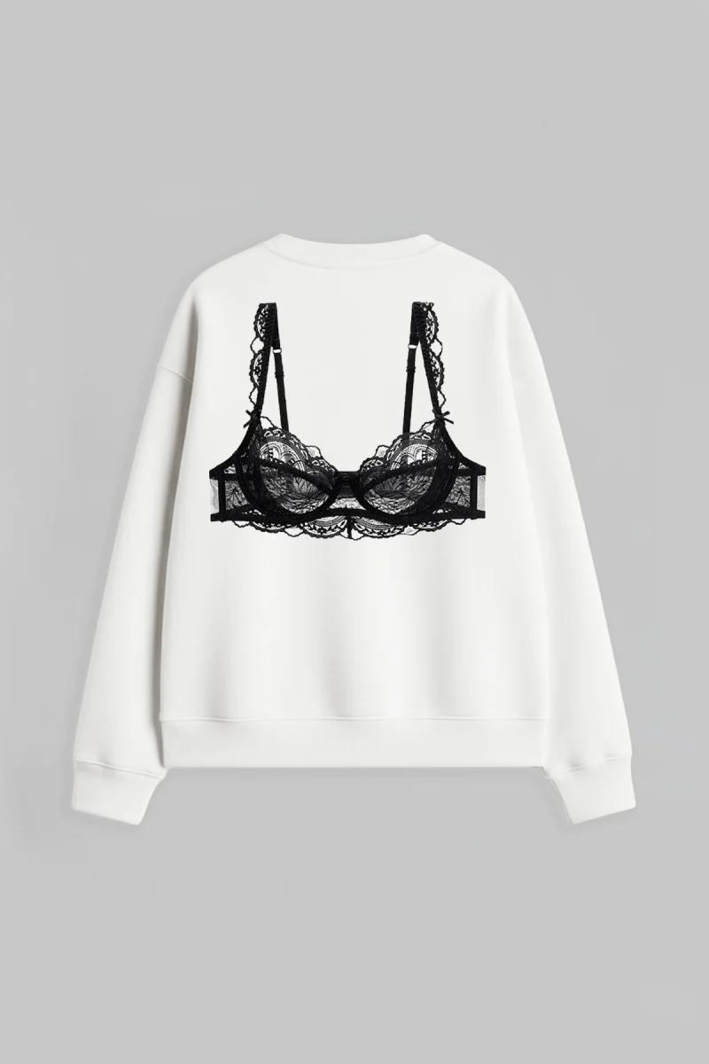 Black Bra Baskılı Kapüşonsuz Relaxed Fit Kadın Beyaz Sweatshirt